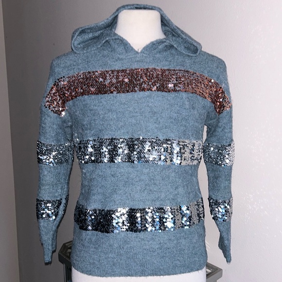 Nine West | Womens Fuzzy Knit Blue Sequin Stripe Hoodie Sweater - Size M - Picture 3 of 8